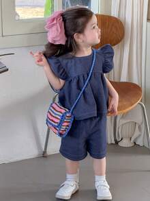 DAZY 女童春夏牛仔风荷叶边无袖上衣短裤两件套 - 藍色 - 查看 10
