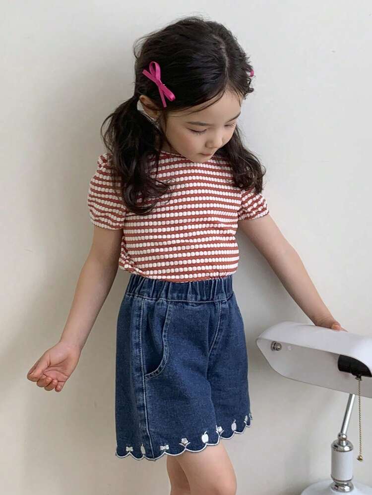 Tween Girls' Round Neck Striped Knit Bow Decor Short Sleeve T-Shirt, Fall Clothes Summer