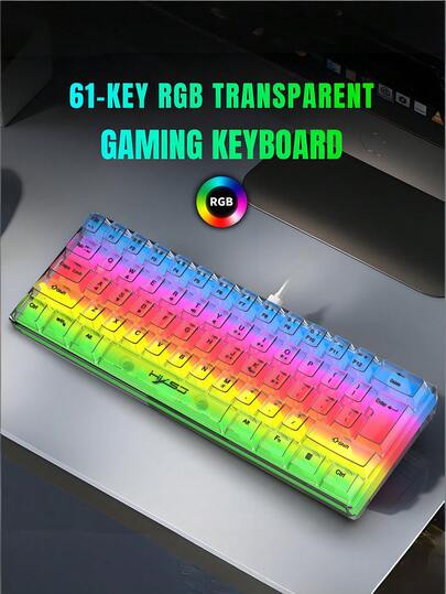 Teckwe Wired Transparent Gaming Keyboard, RGB Backlit Ultra-Compact Waterproof Small Compact 61 Keys Keyboard For PC