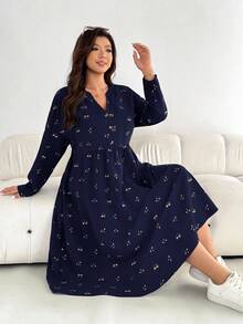 Shapeblank 大码女装秋冬时尚休闲宽松舒适日常黑色碎花长袖中长连衣裙，带口袋，秋季穿搭，秋季连衣裙 - 藏蓝色 - 查看 7