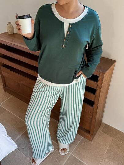 Dazy Plus 大码女式两件套拼接长袖上衣和条纹阔腿裤休闲睡衣套装