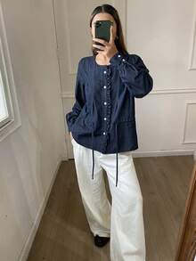 DAZY Women's Loose Cowgirl Style Round Neck Long Sleeve Drawstring Pleated Ruffle Hem Elegant Vintage Denim Blouse, Autumn/Winter - Blue - View 3