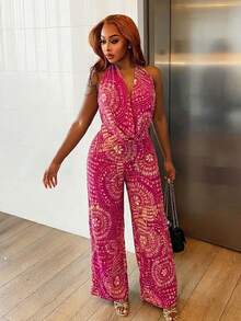 BamGleam All-Over Print Draped Halter Backless Top And Wide Leg Pants 2 Pieces Set - Multicolor - View 8