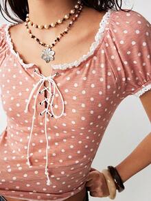 Bohemela Casual Polka Dot Pattern Fitted Women T-Shirt - Dusty Pink - View 7