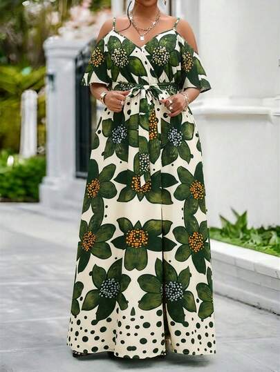 SHEIN Lady Vestido con estampado floral, cinturón y abertura en el muslo, talla grande, para vacaciones