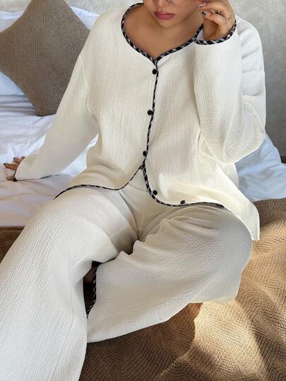 Dazy Plus 2件套女士加大码纯色休闲宽松长款上衣和裤子睡衣套装，春秋季，白色