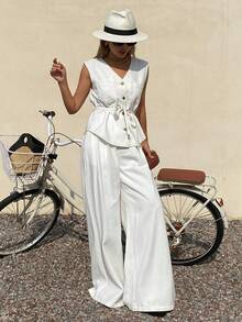 DAZY Women's V-Neck Sleeveless Denim Cardigan And Straight Leg Jeans Casual Denim Suit Vacation - White - View 6