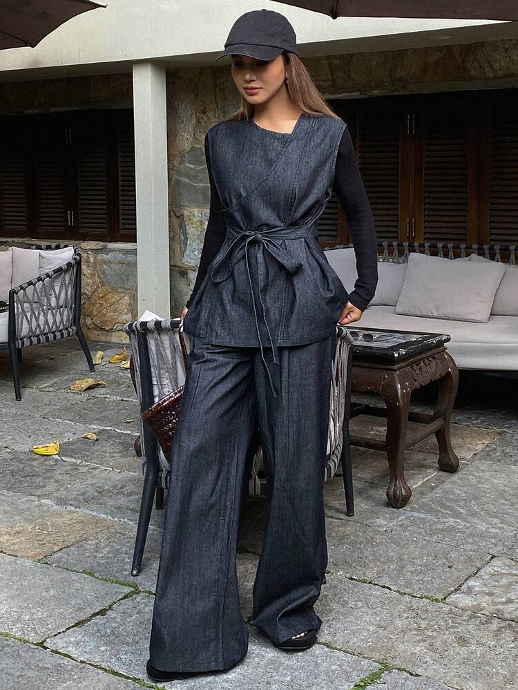 Women's Sleeveless Belted Vest And Straight Loose Wide Leg Jeans Casual Suit