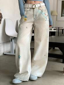 DAZY Women's Casual Fashion Street Chic Chain Print Washed Loose Wide-Leg Jeans, Belt Not Included - Beige - View 2