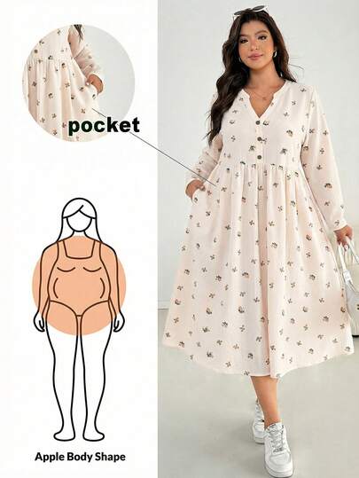 Shapeblank Plus Size Women's Autumn And Winter Fashion Casual Loose Comfortable Daily Black Floral Long Sleeve Mid-Length Dress With Pockets,Fall Outfits,Fall Dress Plus Size Dresses Pocket Curve Dresses With Pockets Picnic Dress For Woman For Casual Vacation Spring Outfit Women Spring Dress For Women