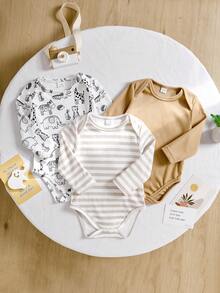 SHEIN Playful Pals Baby Boy Cartoon Animal Print Long Sleeve Romper, Casual For Spring/Autumn - Multicolor - View 1