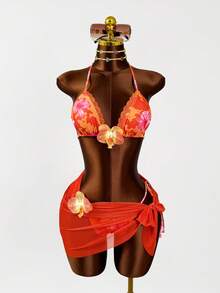 Zestiva Conjunto de bikini de 3 piezas con estampado floral naranja sexy, recorte de encaje 3D para playa/piscina en verano - Naranja - Ver 1