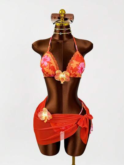 Zestiva 女士性感橙色花卉印花3D蕾丝边三件套比基尼套装，夏季沙滩/泳池装扮