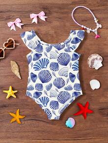 SHEIN Baby Mädchen Muschel Muster Lässig Minimalist Figurbetonter Einteiler Badeanzug, geeignet für Sommer Strand, Urlaub und Fotoshootings - Verschiedenfarbig - Übersicht 2