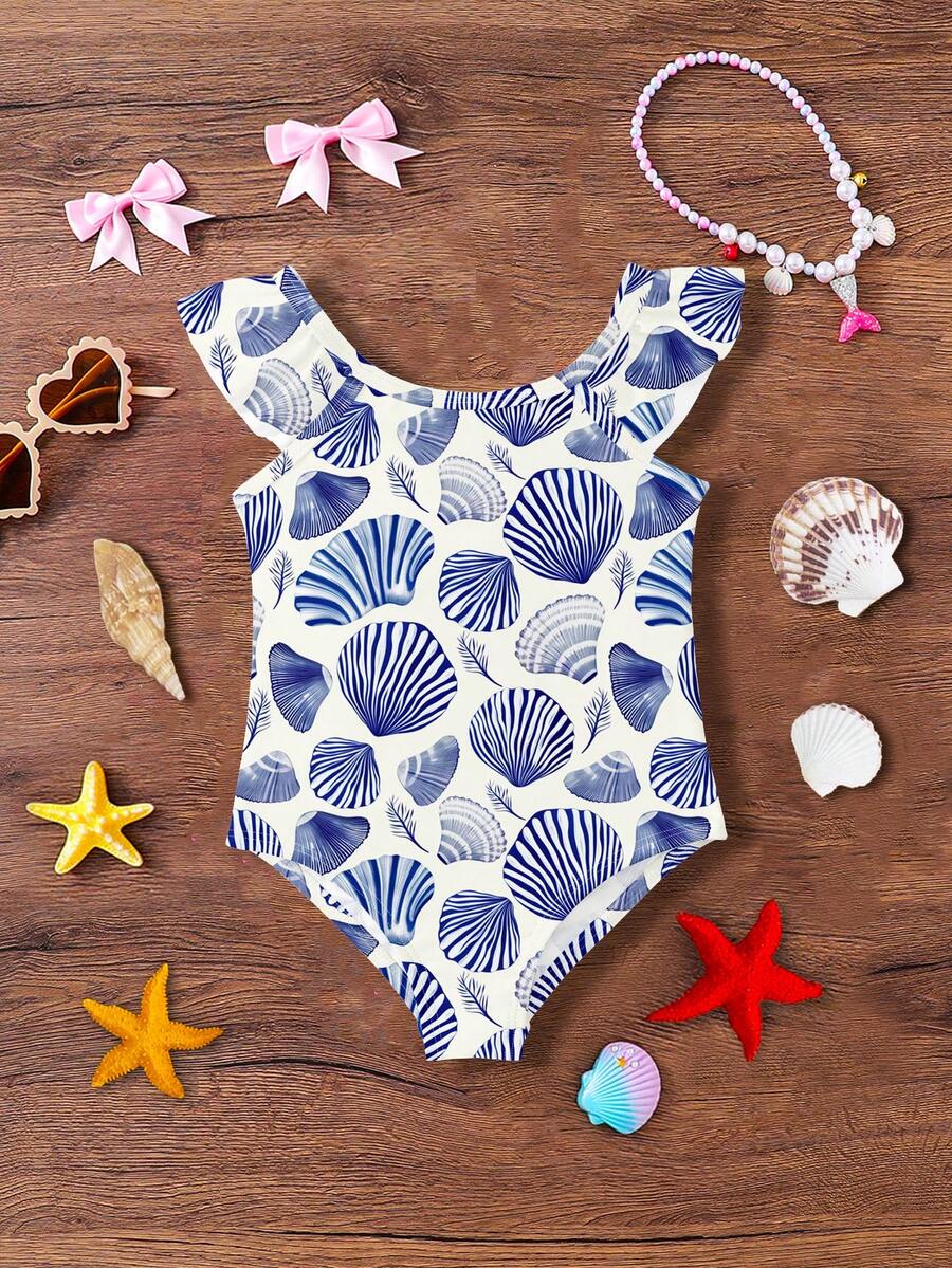 Baby Girl Shell Print Casual Minimalist Fitted One-Piece Swimsuit, Suitable For Summer Beach, Vacation, And Photoshoot - Multicolor - View 1