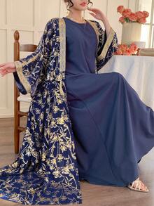 DAZY Women's Regular Jacket With Metallic Gold, Flared Sleeves, Fringes, 3/4 Sleeve Robe Dress - Royal Blue - View 5