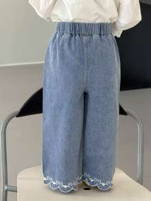 DAZY 女童春夏刺绣休闲宽松阔腿牛仔裤 - 淺色水洗藍 - 查看 3