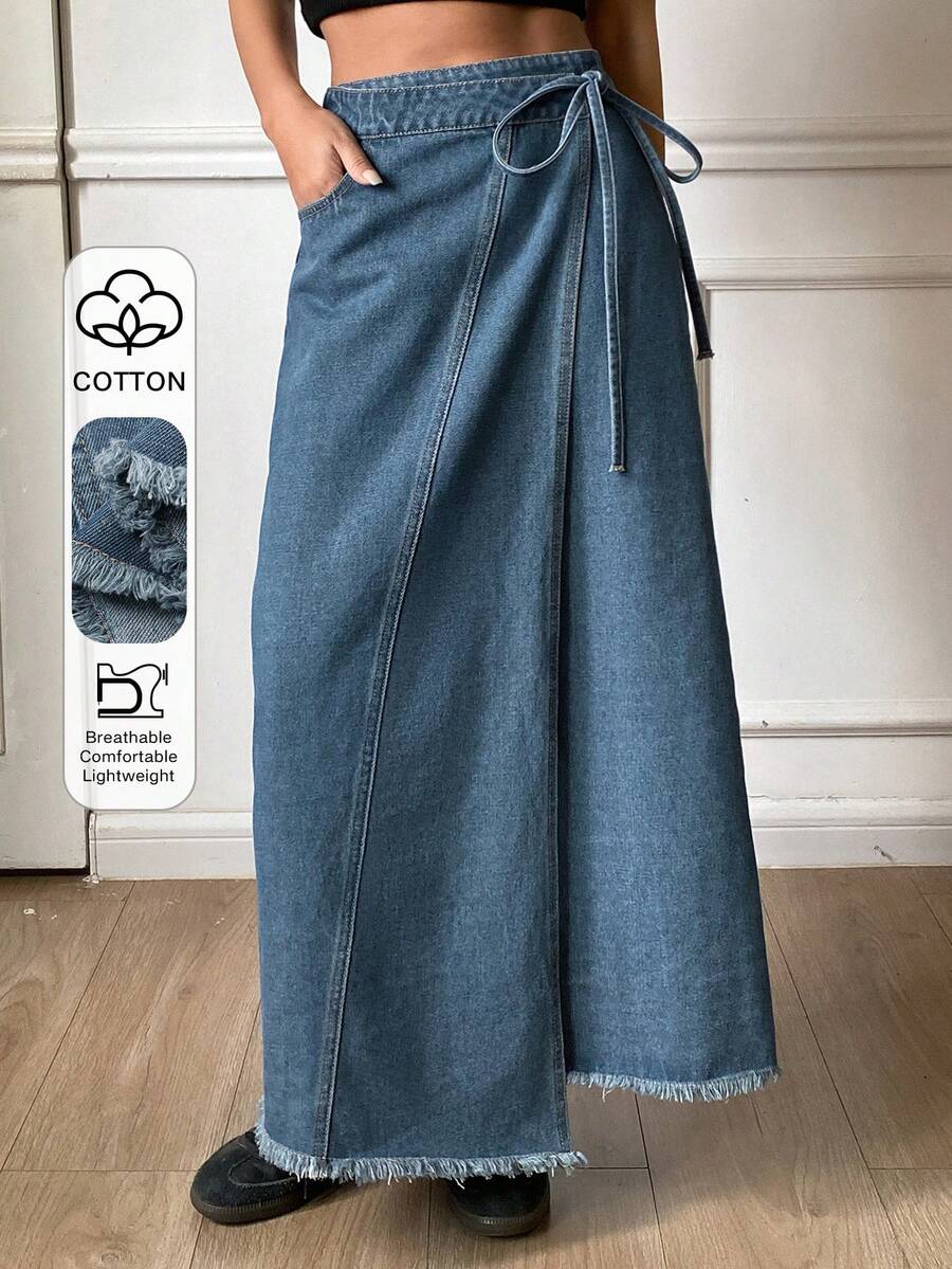 DAZY 女士侧裹式系带休闲牛仔不对称设计半身裙 - 中等水洗藍 - 查看 1