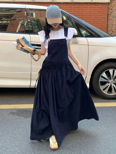 DAZY Spring & Summer Loose Casual Fashion Street Design Drawstring Tie Pocket Decor Lightweight Outdoor Music Festival Suspender Skirt, Blue Maxi A-Line Midi Dress For Women