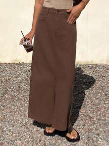 DAZY 女士休闲水洗牛仔A字裙，春夏款 - 咖啡棕 - 查看 6