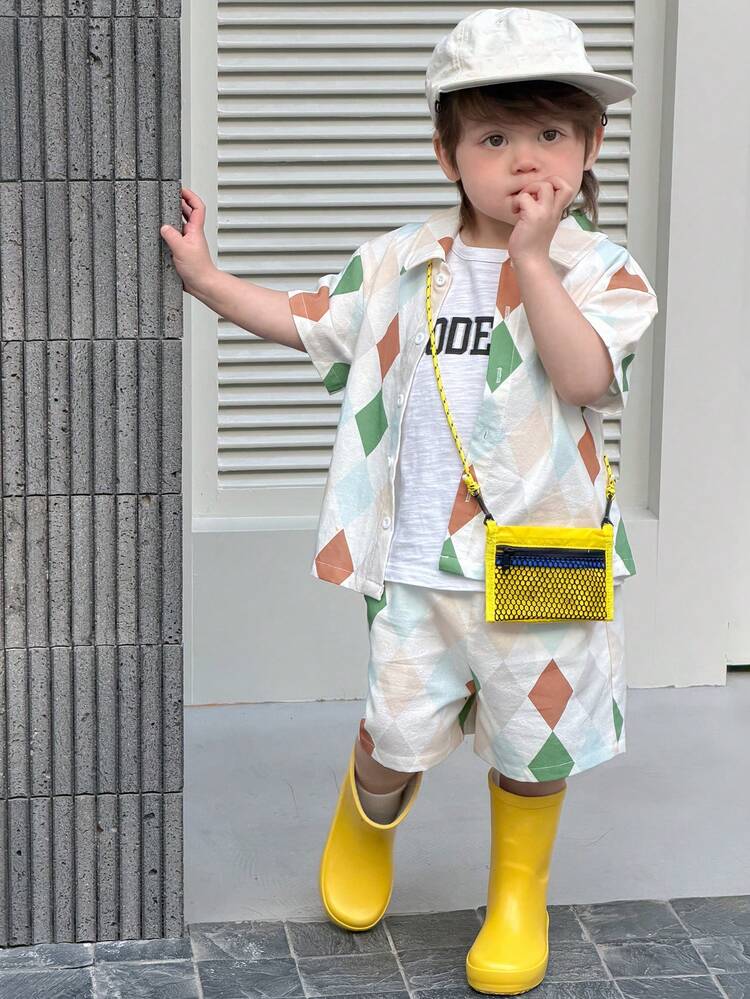 Baby Boy Summer Casual Colorblock Plaid Short Sleeve Shirt And Shorts Set