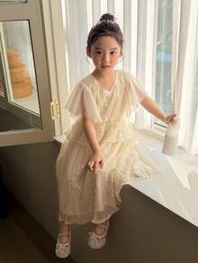 DAZY Girls (Small) V-Neck Sequin Korean Style Party Birthday Ruffled Hem Embellished Spring/Summer Dress - Apricot - View 4