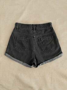 Breezaya Quần short denim nữ dáng rộng, thêu hoa cúc, có túi, kiểu dáng thường ngày. - Xám - Xem 2
