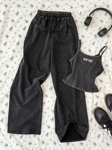 SHEIN Tween Girl 2pcs Set: Black Snowflake Embroidered Ribbed Knit Camisole Top And Casual Retro Snowflake Printed Pants - Grey - View 1