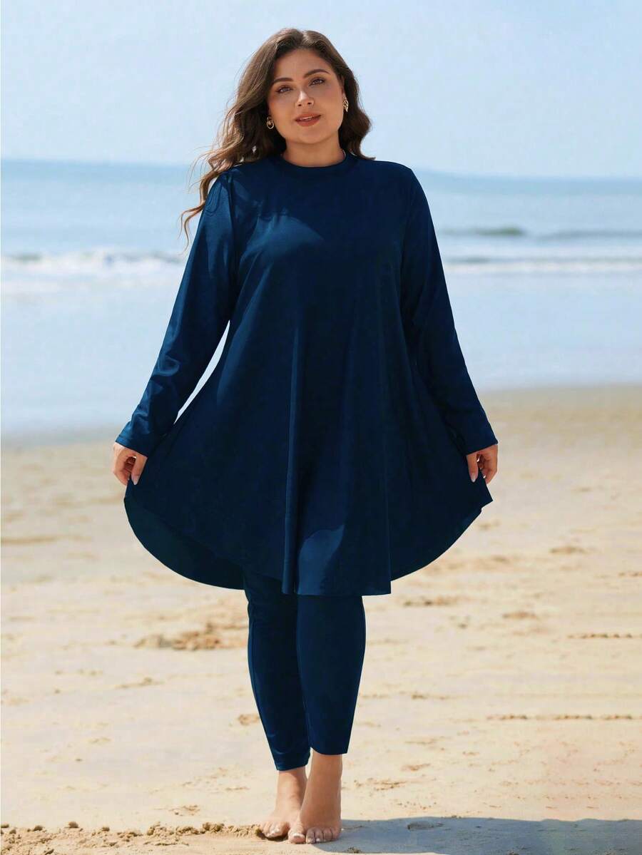 Swim Mulvari Plus Size Solid Color Tankini Swimwear For Summer Beach Vacation - Teal Blue - View 1