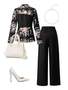 EMERY ROSE 女士复古印花拼接立领上衣+阔腿裤套装（2件套），适合通勤、休闲、下午茶、外出、轻复古派对等场合。 - 彩色 - 查看 2