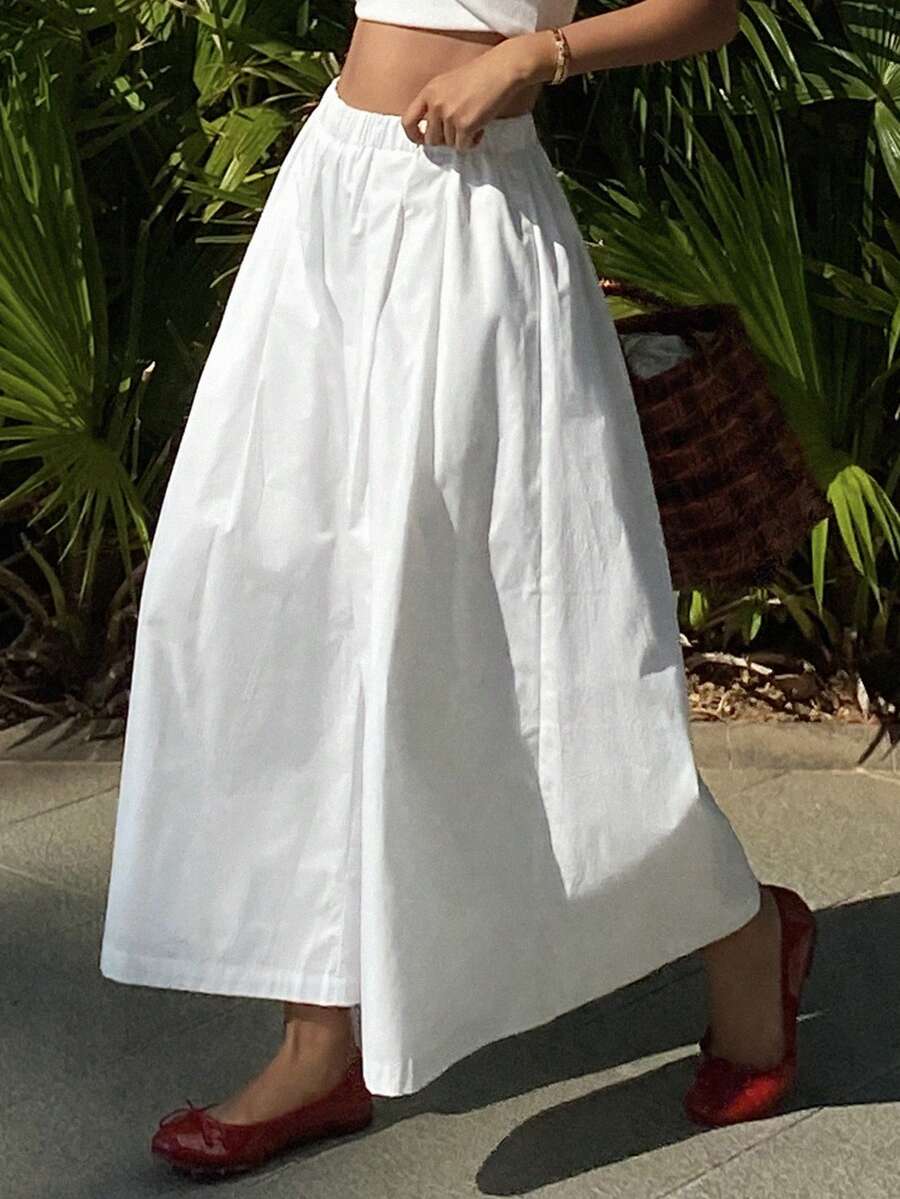 DAZY 女士弹力腰宽松纯色长裤，优雅休闲，适合度假、春秋季穿着 - 白色 - 查看 1