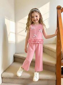 2 Peças Conjunto de Regata com Babado na Barra e Calça Reta em Malha Rosa para Meninas Jovens, Conjunto Elegante, Doce e Casual de Verão para Meninas - Rosa chiclete - Visão 1