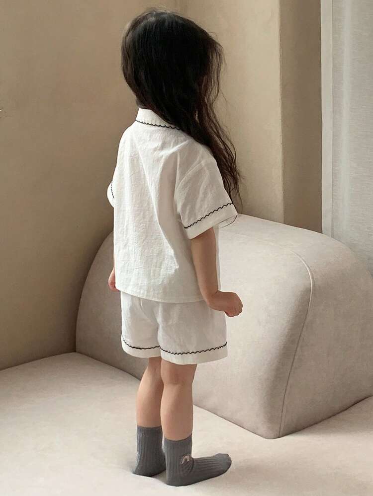 2pcs Baby Girls Polo Collar Color Block Striped Short Sleeve Shirt & Shorts Pajama Set Summer