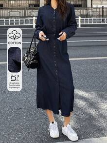 DAZY Women's Turndown Collar Long Sleeve Loose Waist Casual Denim Dress - Dark Wash - View 1