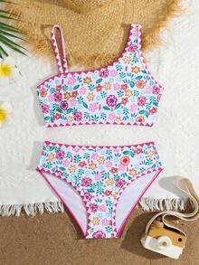 SHEIN Tween Girls White Ditsy Floral Bikini Sets,Asymmetrical Shoulder Design With Detachable Strap,2 Pieces Boho Swimwear For Summer Vacation Holiday Beach - Multicolor - View 7