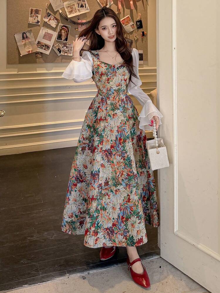 Women's Floral Allover Print Elegant Mid-Length Party Dress Sundress