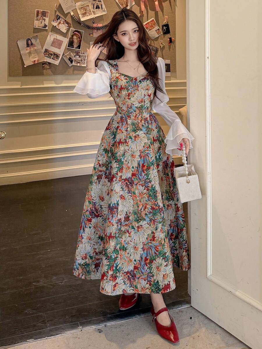 DAZY 女士花卉印花优雅中长款派对连衣裙 - 米色 - 查看 1