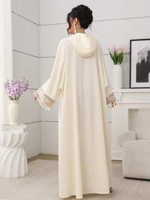 SHEIN Najma 女士连帽蕾丝缎带蝙蝠袖流苏连衣裙 - 杏色 - 查看 3