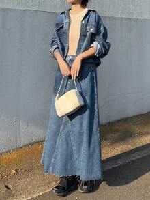 FRIFUL 女士秋季落肩长袖单排扣牛仔夹克和牛仔迷你裙休闲套装 - 藍色 - 查看 4