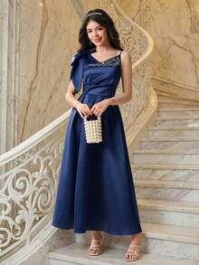 Pitira Teen Girl Navy Blue Embroidered Elegant Woven Dress Girls Royal Blue Dress Elegant Navy Blue Dress Blue Party Dress Royal Blue Formal Dress Bridesmaid Blue Dress - Navy Blue - View 6