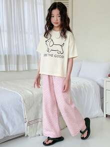 DAZY 2件套少女圆领印花短袖T恤和裤子家居服套装，秋季款 - 彩色 - 查看 4