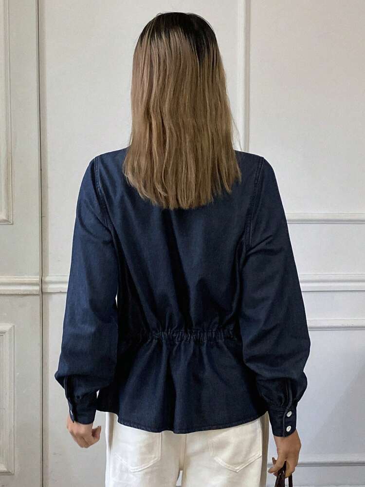 Women's Loose Cowgirl Style Round Neck Long Sleeve Drawstring Pleated Ruffle Hem Elegant Vintage Denim Blouse, Autumn/Winter