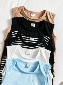 SHEIN Playful Pals Bộ 5 quần áo trẻ sơ sinh cho bé trai, kiểu dáng thường ngày, kẻ sọc, họa tiết động vật, không tay, cổ tròn, ôm sát, chất liệu mềm mại, dày dặn, thích hợp cho mùa hè, xuân và nghỉ lễ. - Nhiều màu - Xem 7
