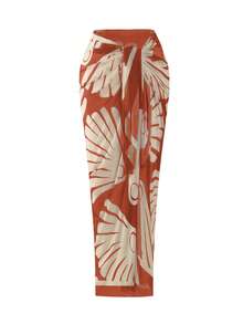 Swim Oasis 大码女式咖啡色交叉露背吊带镂空上衣和高腰比基尼泳裤套装，搭配印花网纱长裙，适合夏季海滩度假 - 彩色 - 查看 4