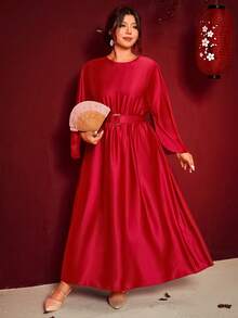 Cravure Plus Size Women's Bright Red Batwing Sleeve Tie Neck Date Dress - Red - View 3