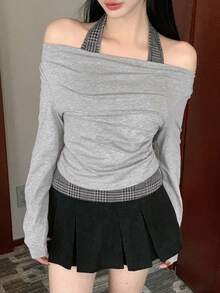 DAZY Women's Off-Shoulder Casual Long Sleeve T-Shirt, Korean Style - Grey - View 3