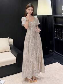 DAZY 高端奢华亮片装饰长款晚礼服，优雅正式晚宴礼服，闪亮连衣裙，长款吊带裙 - 金色 - 查看 3