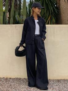 DAZY 女士宽松牛仔外套，立领设计，搭配阔腿裤，休闲优雅牛仔套装 - 深色水洗藍 - 查看 4