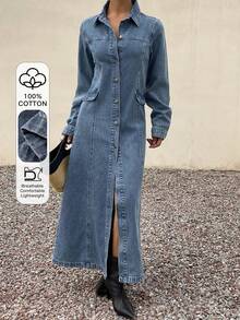 Livesso Spring & Summer Loose Business Casual Fashion Office Wear Design Waist Cinched Denim Midi Dress With Large Pockets, Outdoor Street Style Long Top, Women Denim Jacket And Coat - Medium Wash - View 1