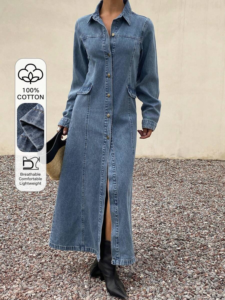 Livesso Spring & Summer Loose Business Casual Fashion Office Wear Design Waist Cinched Denim Midi Dress With Large Pockets, Outdoor Street Style Long Top, Women Denim Jacket And Coat - Medium Wash - View 1